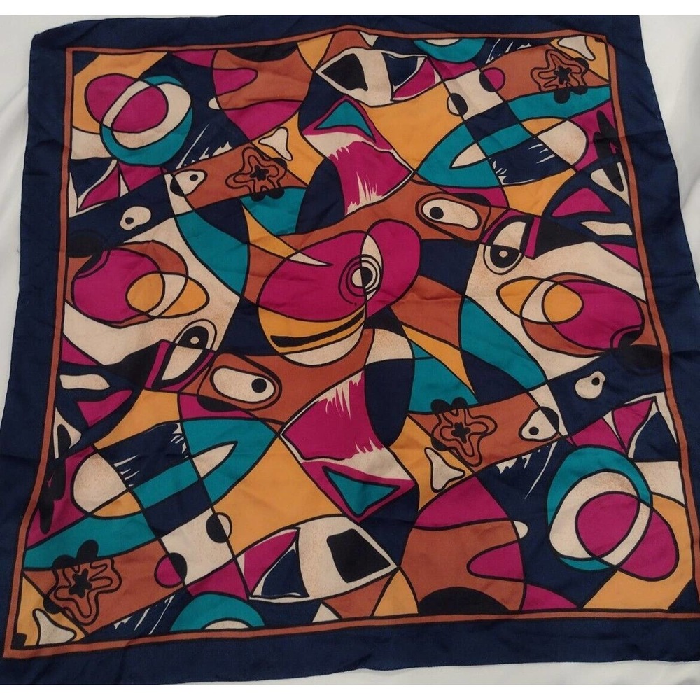 Silk Scarf Vintage Jewel tones Navy Pink Yellow Unbranded Abstract 1970-80's